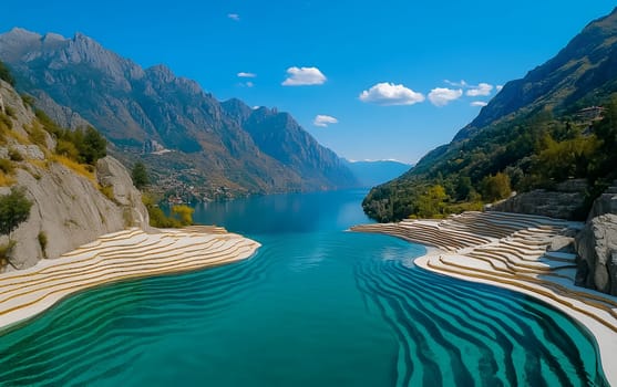 A serene lake surrounded by towering mountains and crystal clear water, showcasing natural beauty and tranquility.
