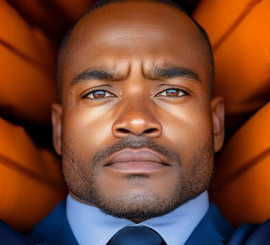 A close up portrait of a confident man in a sharp suit with an orange interior background, symbolizing strength and focus.