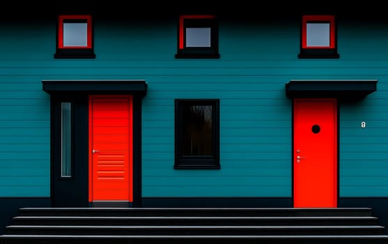 A contemporary house with striking blue walls and vivid red doors, showcasing bold and creative architectural design.