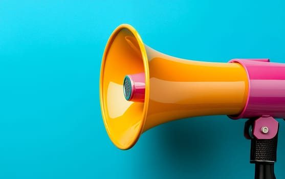 Bright orange and pink megaphone photographed against turquoise blue background in minimalist style, close up view.
