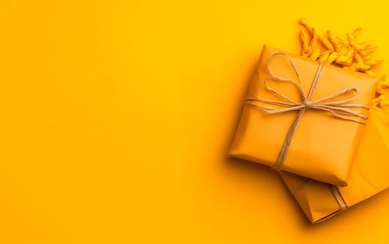 Minimalist composition of yellow wrapped gift boxes with string bow against matching background.