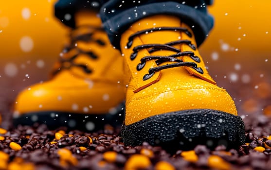 A pair of vibrant yellow hiking boots walking on rocky terrain, symbolizing adventure and exploration.