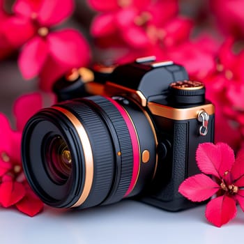 Professional digital camera with lens surrounded by vibrant pink flowers, artistic photography equipment still life composition.