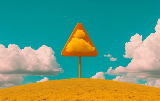 A triangular yellow sign with a cloud design in a grassy field under a bright sky, blending nature and surrealism.