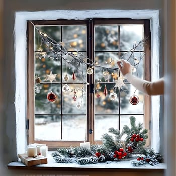 A charming Christmas window features a hand arranging ornaments and garlands, surrounded by snow, candles, and pine branches, creating a cozy holiday atmosphere.