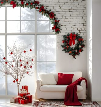 A bright living room decorated for Christmas features a white brick wall with festive greenery and red accents. A cozy sofa, pillows, and a table stacked with gifts enhance the cheerful atmosphere.