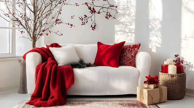 A festive living room showcases a white sofa adorned with red pillows and a soft blanket.