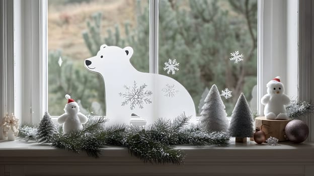 A polar bear figure is prominently displayed in a window decorated with snowflakes and Christmas elements. Plush snowmen and miniature trees add a cozy winter atmosphere.