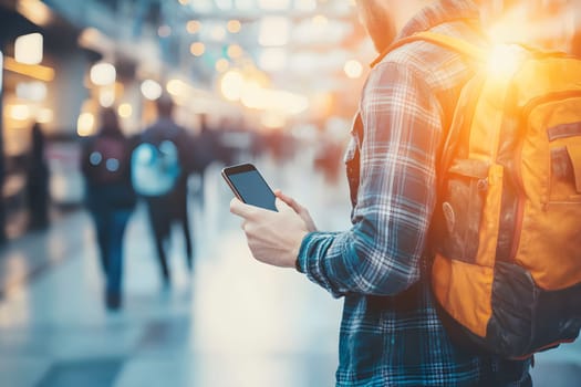 A man with a backpack stands in a bustling terminal, focused on his smartphone. The scene is filled with blurred figures of other travelers moving in the background.