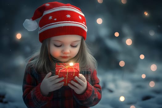 Small girl wearing a festive red hat examines a tiny, beautifully wrapped Christmas gift. Soft snow covers the ground, while glowing lights add a magical touch to the winter setting.