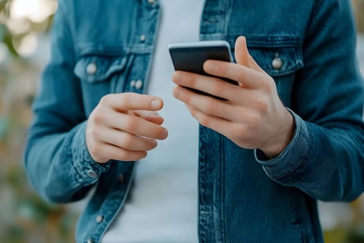 Male hands are actively tapping on a smartphone while wearing a denim jacket. The setting is outdoors, with soft natural light suggesting late afternoon.
