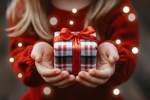 A child stands with outstretched hands, proudly presenting a small Christmas gift wrapped in colorful paper with a shiny red ribbon. The soft lights in the background create a magical atmosphere.