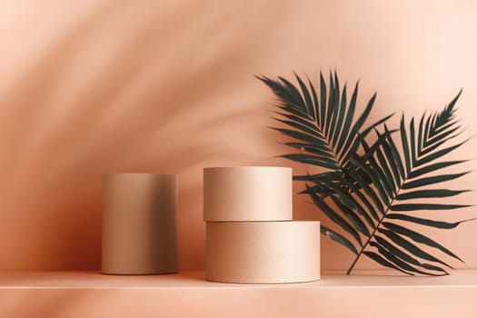 Stylish setting features minimalist cosmetic products displayed on a light-colored podium. Backdrop in soft peach color complements a palm leaf for a refreshing vibe. Ideal for beauty promotions.