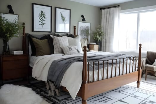 Farmhouse bedroom showcases a beautifully arranged bed with soft linens, accent pillows, and elegant decor. Natural light floods the space, enhancing the tranquil environment.