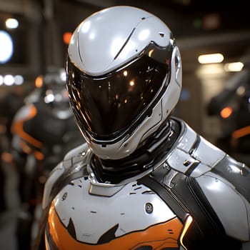 Close up of a white armored robotic figure with a reflective helmet visor, representing advanced technology and artificial intelligence.