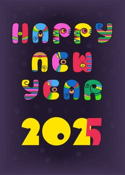 Groovy 70s New Year 2025 - Embrace nostalgia with vintage-style text and surreal multicolor decor. Vibrant yellow 2025 with a bold red 5. Set against a mesmerizing dark purple background. Celebrate in retro fashion.