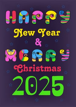 Retro Disco Celebration - Happy New Year 2025 with artistic, vibrant, and colorful retro inscription, reminiscent of the disco era. Enjoy a vintage 60s and 70s vibe with a purple background. Happy New Year and Merry Christmas in style.
