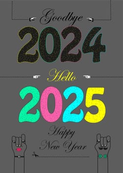 Retro Greeting Card: Say goodbye to 2024 and welcome 2025 with open arms. This charming illustration features colorful numbers and playful cartoon hands, capturing the spirit of the New Year