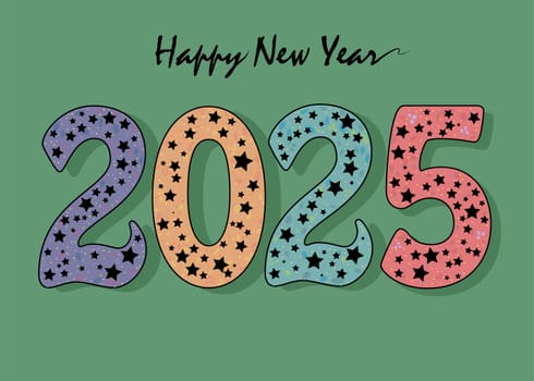 The colorful number 2025 is adorned with black stars, lending a hint of gothic charm to the New Year festivities. Set against a rich green background, this illustration captures the essence of a unique and artistic celebration