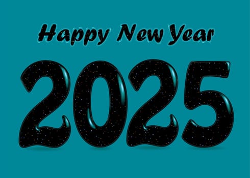 Gothic Elegance: Happy New Year 2025. Bold black numbers and letters adorned with enchanting blurs and sparks. Set against a blue green background.