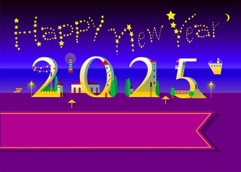 Coastal Serenity: Happy New Year 2025. The yellow text resembles stars in the night sky, while the numbers take the form of white houses. The backdrop features the serene sea and sandy beach. A spacious banner awaits custom text