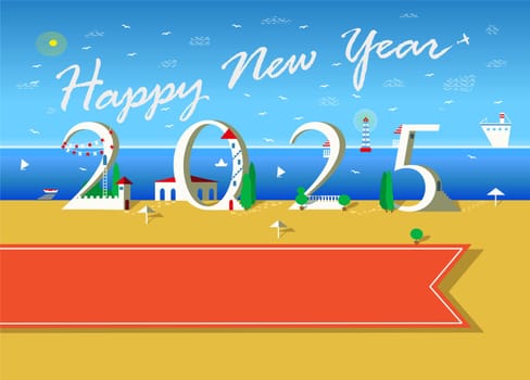 Coastal Celebration: Happy New Year 2025 at the Beach. White text are in the sky as plane trail. The numbers appear as charming beachfront houses. A serene seascape forms the backdrop, and there's an inviting orange banner for custom text