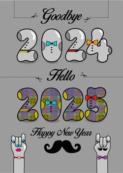 Retro New Year 2025. Vintage-style design bidding farewell to 2024 and welcoming 2025. Artistic numbers adorned with ties, buttons, and black text. Playful cartoon hands, one representing a male and the other a female. Gray backdrop