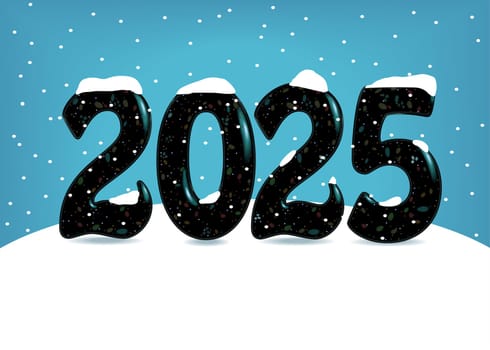 The big black numbers 2025 stand tall on a pristine white snowdrift, emanating festive sparks. They contrast beautifully against the deep blue background, reminiscent of a sky during snowfall.