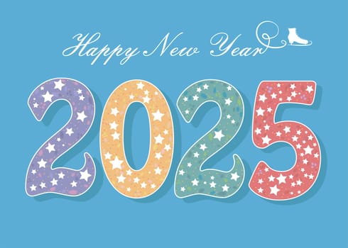 A colorful 2025 adorned with white stars and outlined in pure white. The Happy New Year text glides gracefully, resembling a skater's mark on pristine ice. This illustration embodies the spirit of the season, perfect for your New Year projects