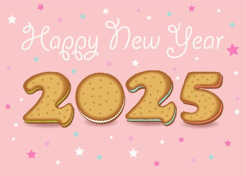 Happy New Year 2025 Cream-Filled Cookie Number. A festive illustration of a cream-filled cookie number 2025 on a pink background with stars and white cream inscription. Perfect for New Year's greetings, cards, and other designs.