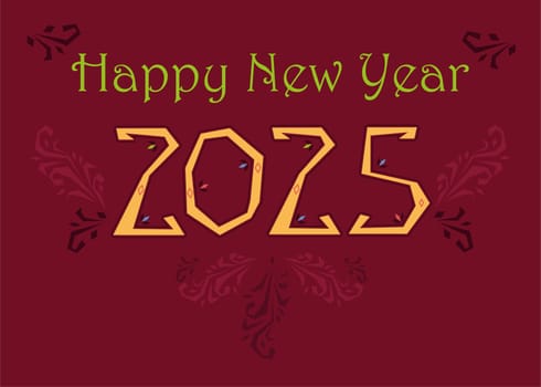 Happy New Year 2025 Folk. A festive greeting card celebrating the new year. The letters are green, the number is yellow, and the background is red. The card is decorated with botanical elements. Perfect for sending greetings to friends and family.