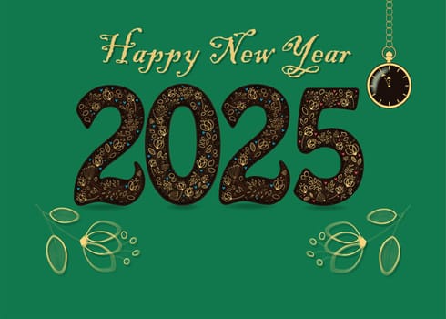 Happy New Year 2025 with golden floral decor. Graceful flowers and hearts, yellow text. Two big flowers frame the number, and there is a place for custom text. A pocket golden watch shows five to 12