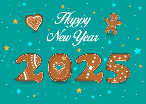 Happy New Year 2025 Ginger Cookies. A festive number 2025, made of a brown Christmas ginger cookies with white cream decor on a green background with confetti of stars. The illustration also features a heart and ginger man cookies.