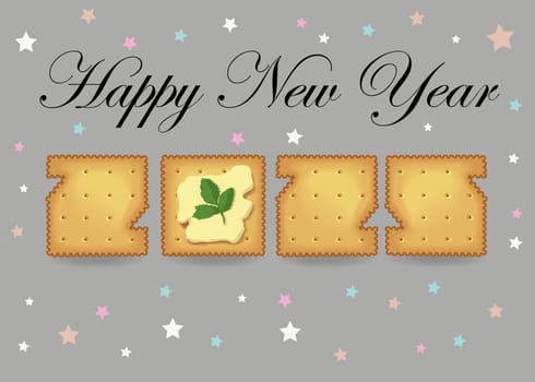 Happy New Year 2025 Cracker Cookie Number. A festive illustration of a cracker cookie number 2025 on a gray background with colorful stars and black text. The cookies are decorated with butter and green parsley for a unique and delicious look.