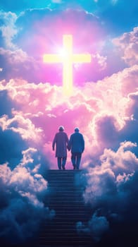 Old couple walking up the stairs among clouds in the sky to the shining cross symbolizing heaven or Christian paradise. Life end and time passing concept.