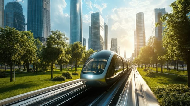Futuristic express train riding on the rail track. City of future urban technology concept.