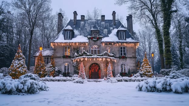 French style house decorated and illuminated for Christmas and New Year. City mansion in winter park covered with snow.