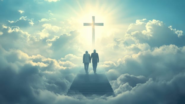 Old couple walking up the stairs among clouds in the sky to the shining cross symbolizing heaven or Christian paradise. Life end and time passing concept.