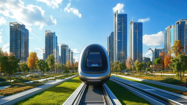 Futuristic express train riding on the rail track. City of future urban technology concept.
