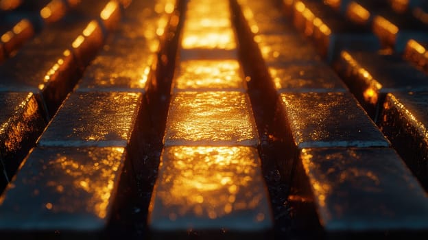 Rows of gold bars. Financial economy banking concept. Glittering shiny golden precious metal background.