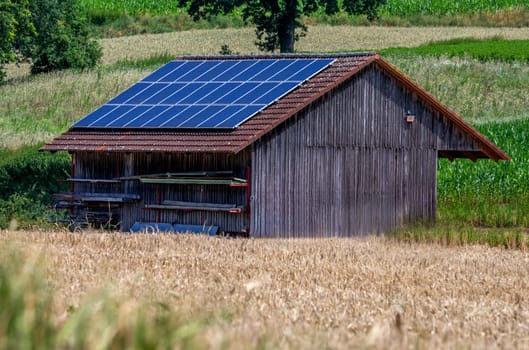 Green energy with solar collectors on the roof of an agricultural building