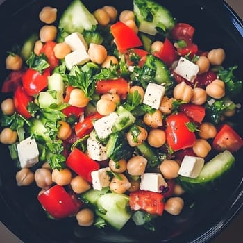 Healthy Vegetarian Chickpea salad meal with cucumber and tomatoes
