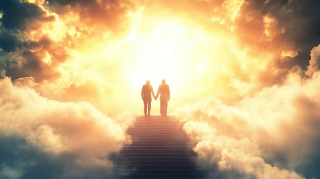 Old couple walking up the stairs among clouds in the sky to the shining light symbolizing heaven or Christian paradise. Life end and time passing concept.