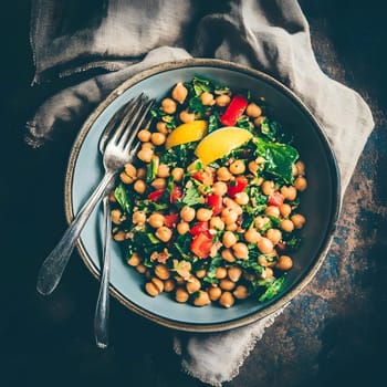 Healthy Vegetarian Chickpea salad meal with cucumber and tomatoes