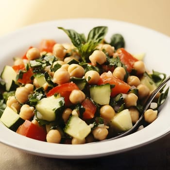 Healthy Vegetarian Chickpea salad meal with cucumber and tomatoes