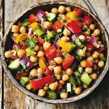 Healthy Vegetarian Chickpea salad meal with cucumber and tomatoes