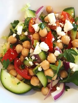 Healthy Vegetarian Chickpea salad meal with cucumber and tomatoes