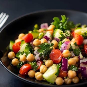 Healthy Vegetarian Chickpea salad meal with cucumber and tomatoes