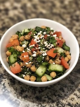 Healthy Vegetarian Chickpea salad meal with cucumber and tomatoes