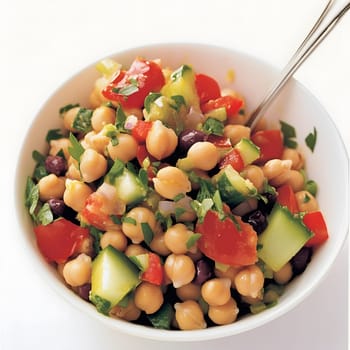 Healthy Vegetarian Chickpea salad meal with cucumber and tomatoes